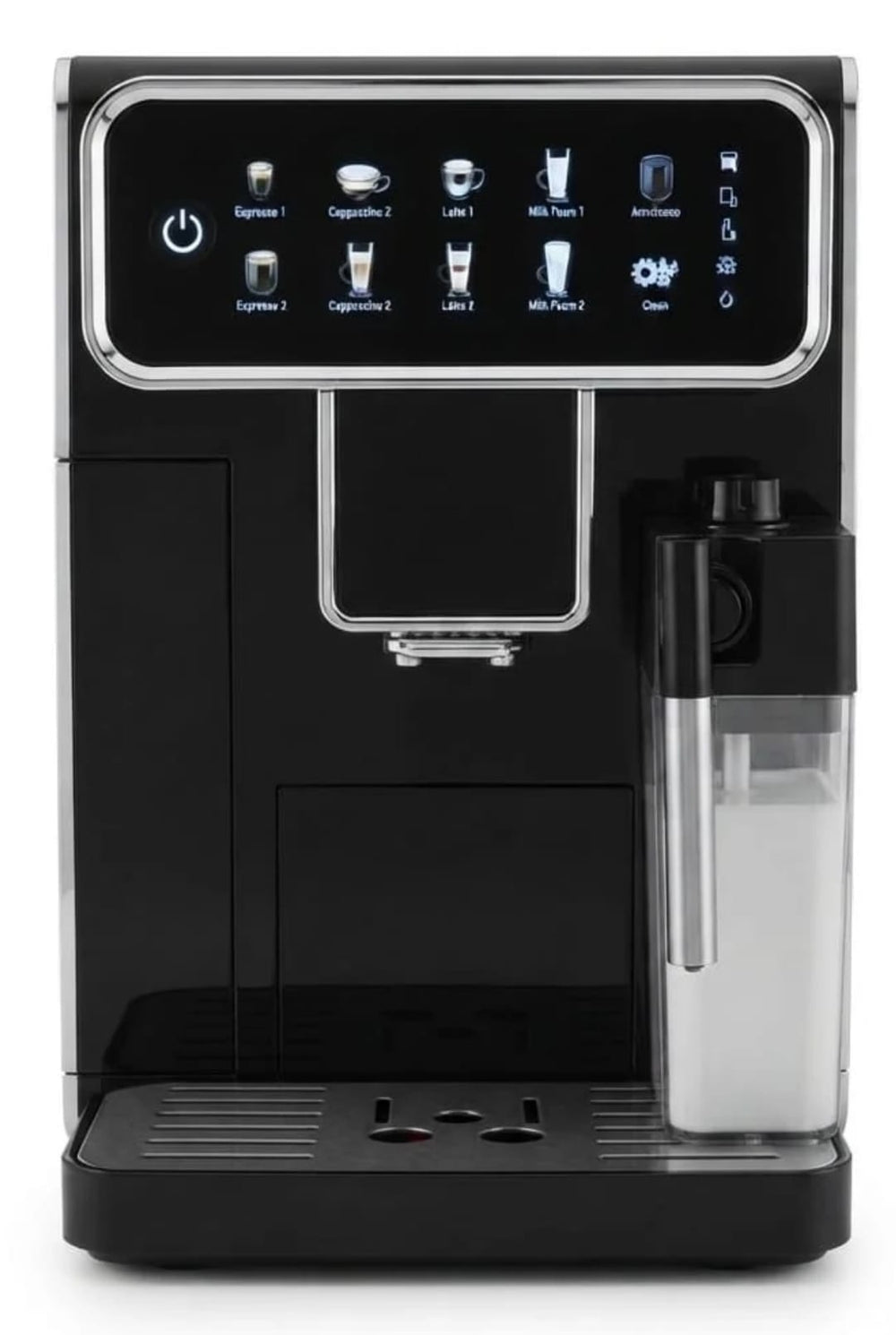 Espresso and cappuccino machine seen straight on from the front, with the milk carafe filled and clipped in place beside the coffee outlet