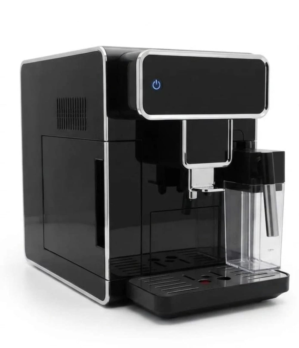 Williams Co. black espresso machine, angled view showing the side, milk carafe and drip tray, on white