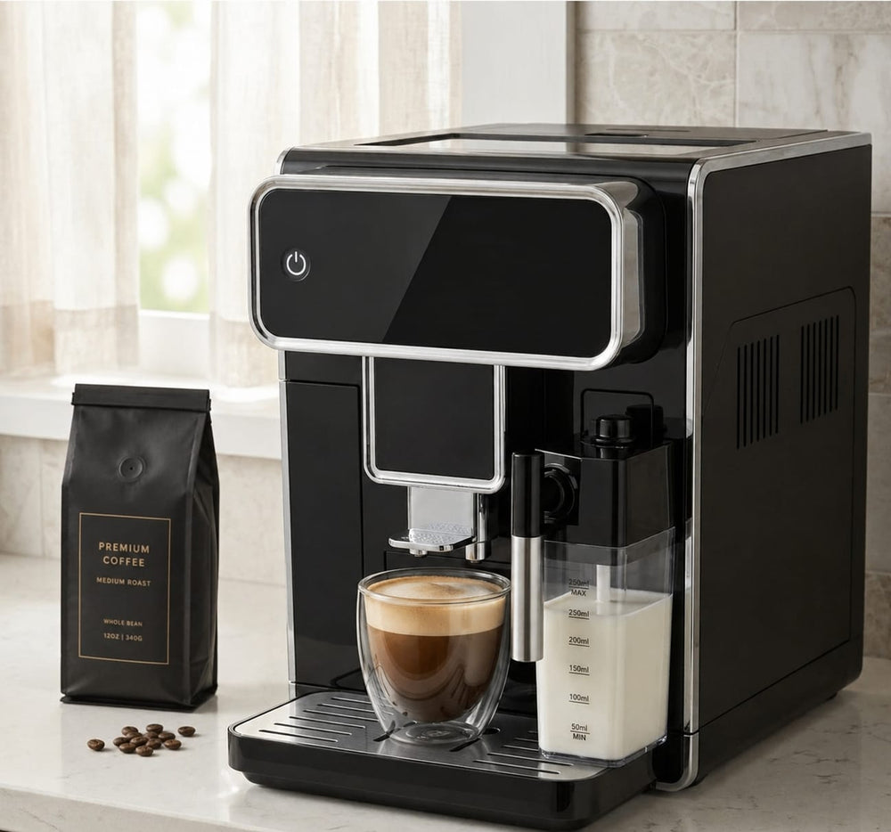 Williams Co. espresso machine on a kitchen counter brewing a cappuccino, with a bag of coffee beans alongside