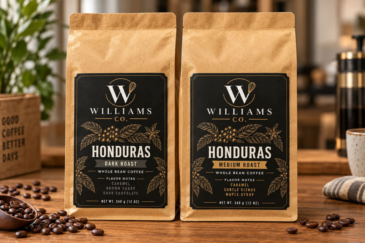 Williams Co. Honduras dark roast and medium roast whole bean coffee bags, 340 g