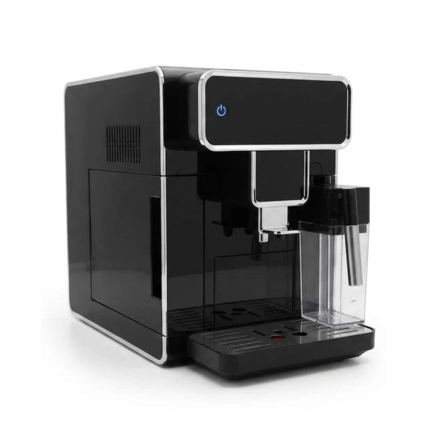 Williams Co. fully automatic espresso machine in black, three-quarter view with milk carafe fitted, on white