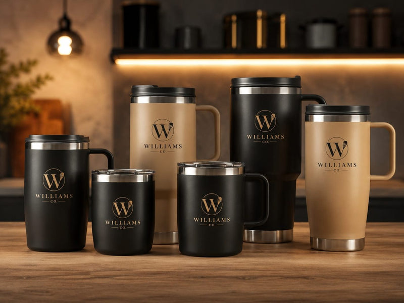 Williams Co. insulated mugs and tumblers in matte black and tan