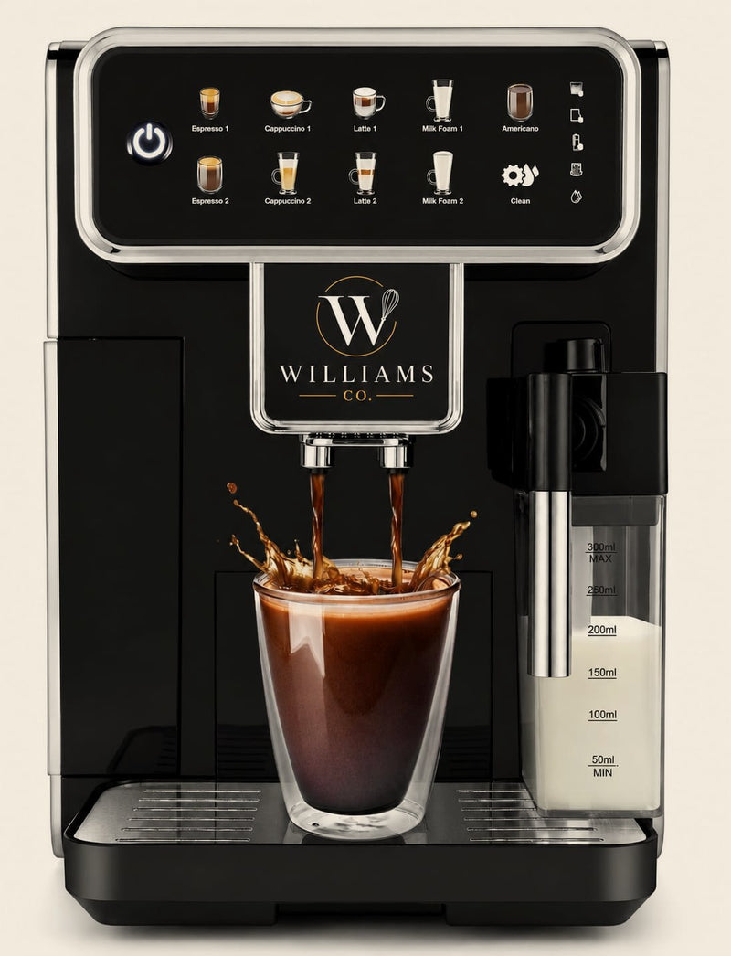 Williams Co. espresso and cappuccino machine pouring a fresh coffee